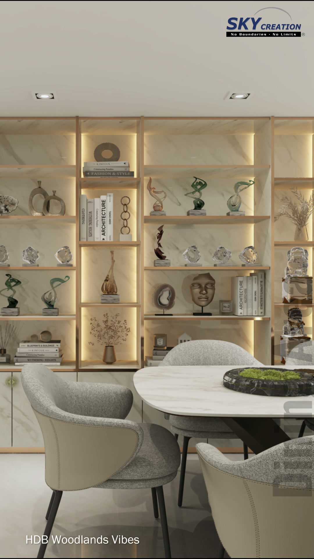 Woodlands Vibes dining storage with warm shelf lighting and pale upholstered chairs