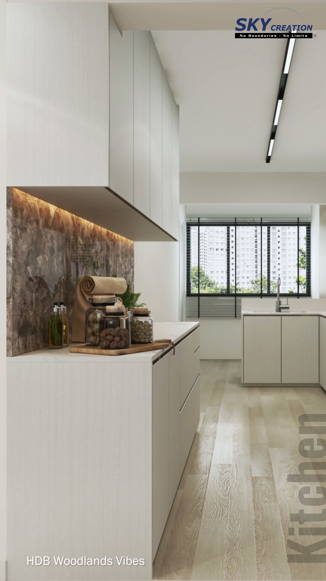 Woodlands Vibes kitchen with pale cabinetry, stone-look backsplash and a clear working aisle