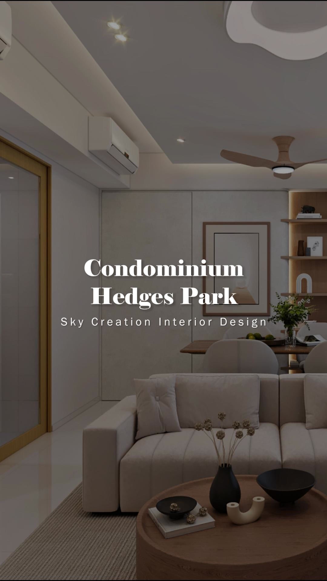 Original Hedges Park condominium 3D cover showing the soft neutral living and dining area