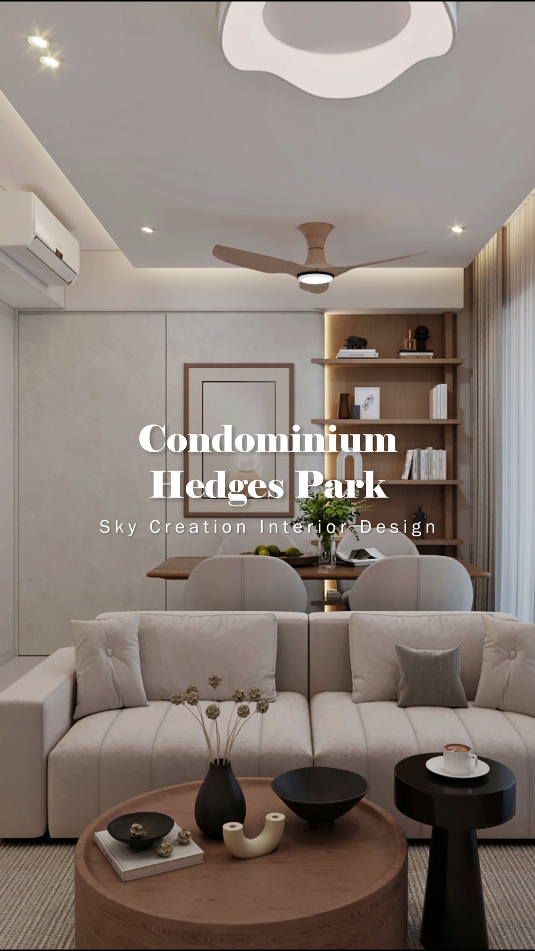 Hedges Park living room with a pale sofa, rounded coffee tables and warm neutral finishes