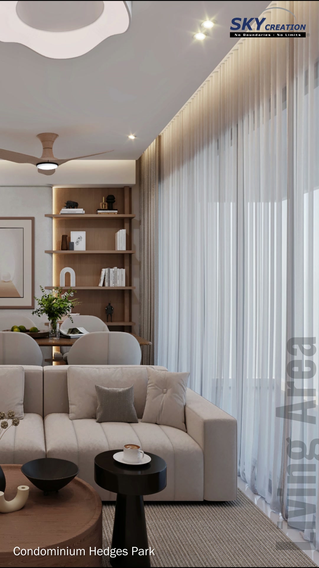 Hedges Park open living and dining area with soft upholstery and a timber-toned ceiling fan
