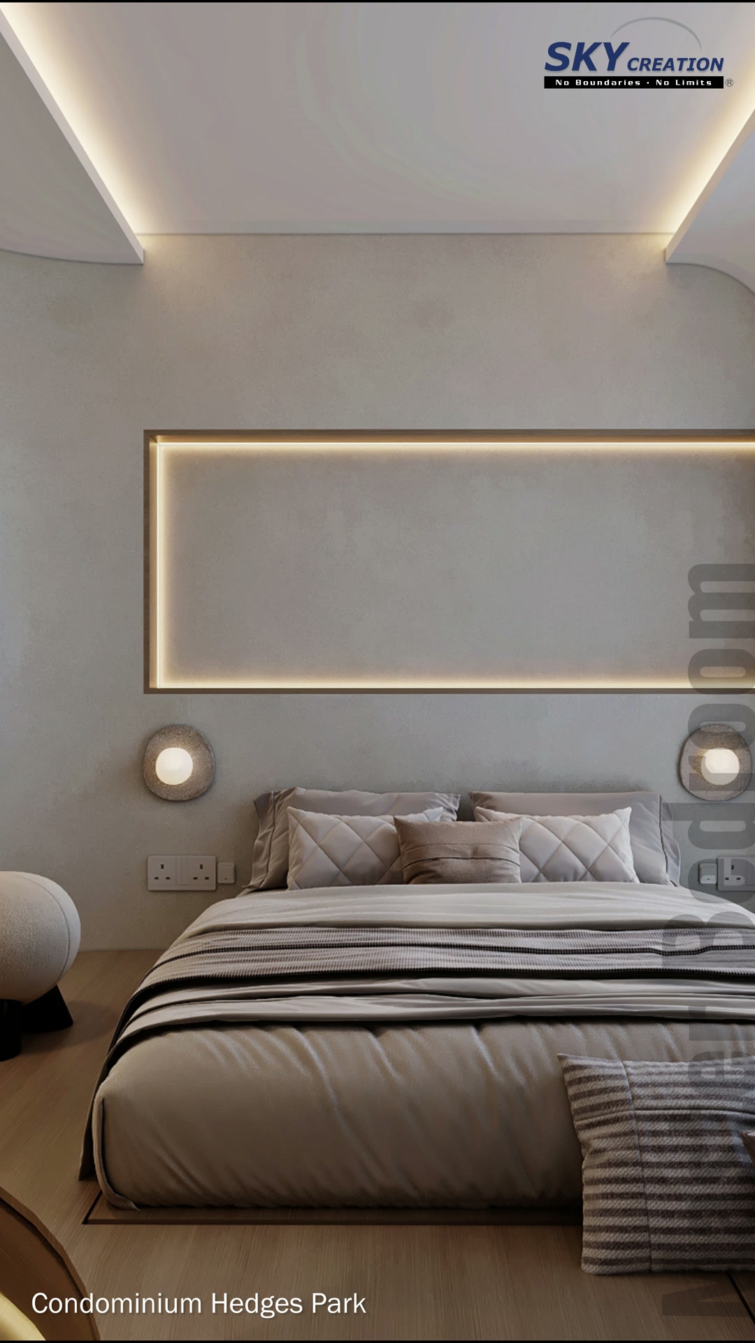 Hedges Park bedroom with an upholstered bed and softly illuminated wall feature