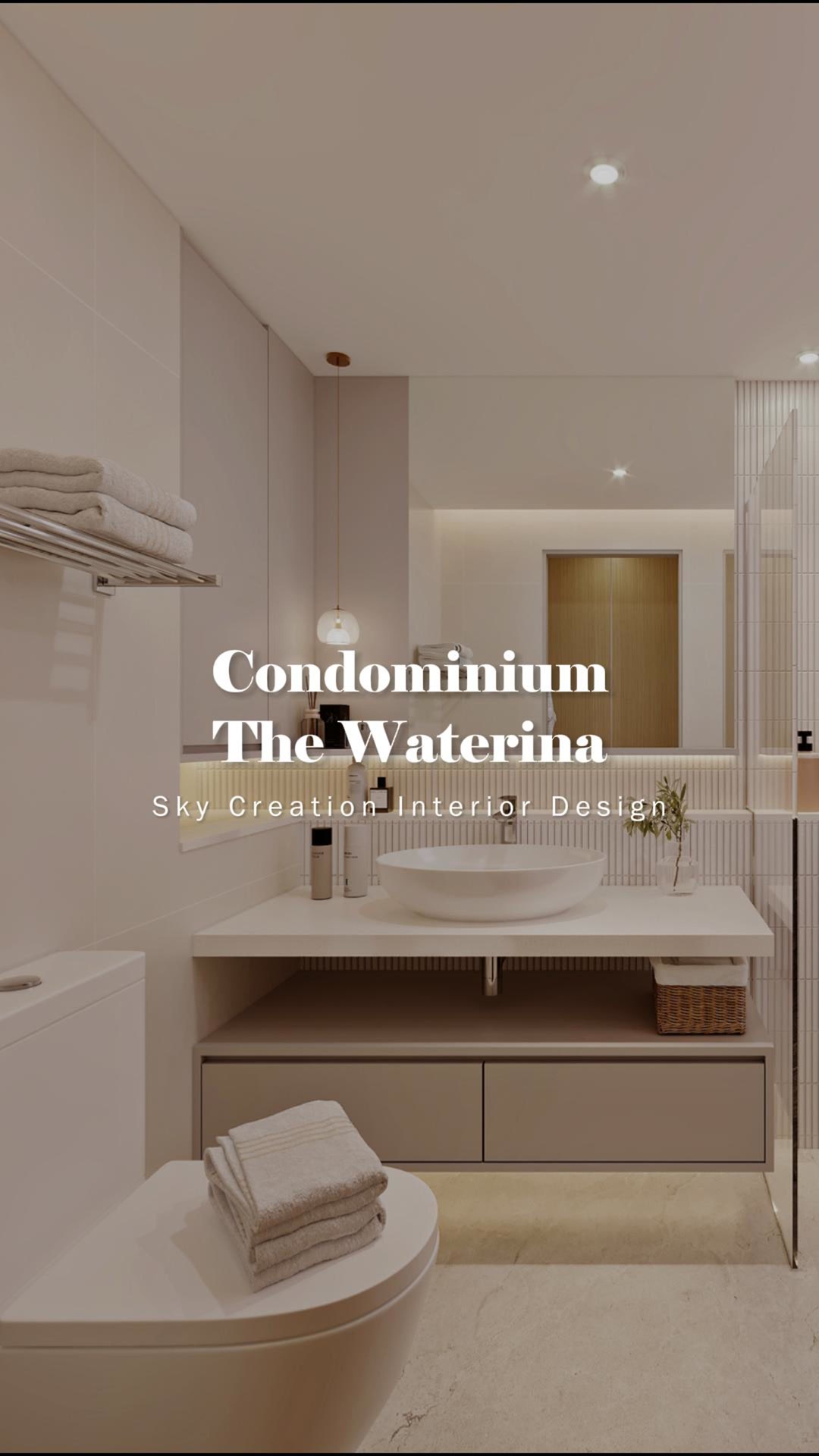 Original The Waterina condominium 3D cover showing the pale bathroom vanity and mirrored storage
