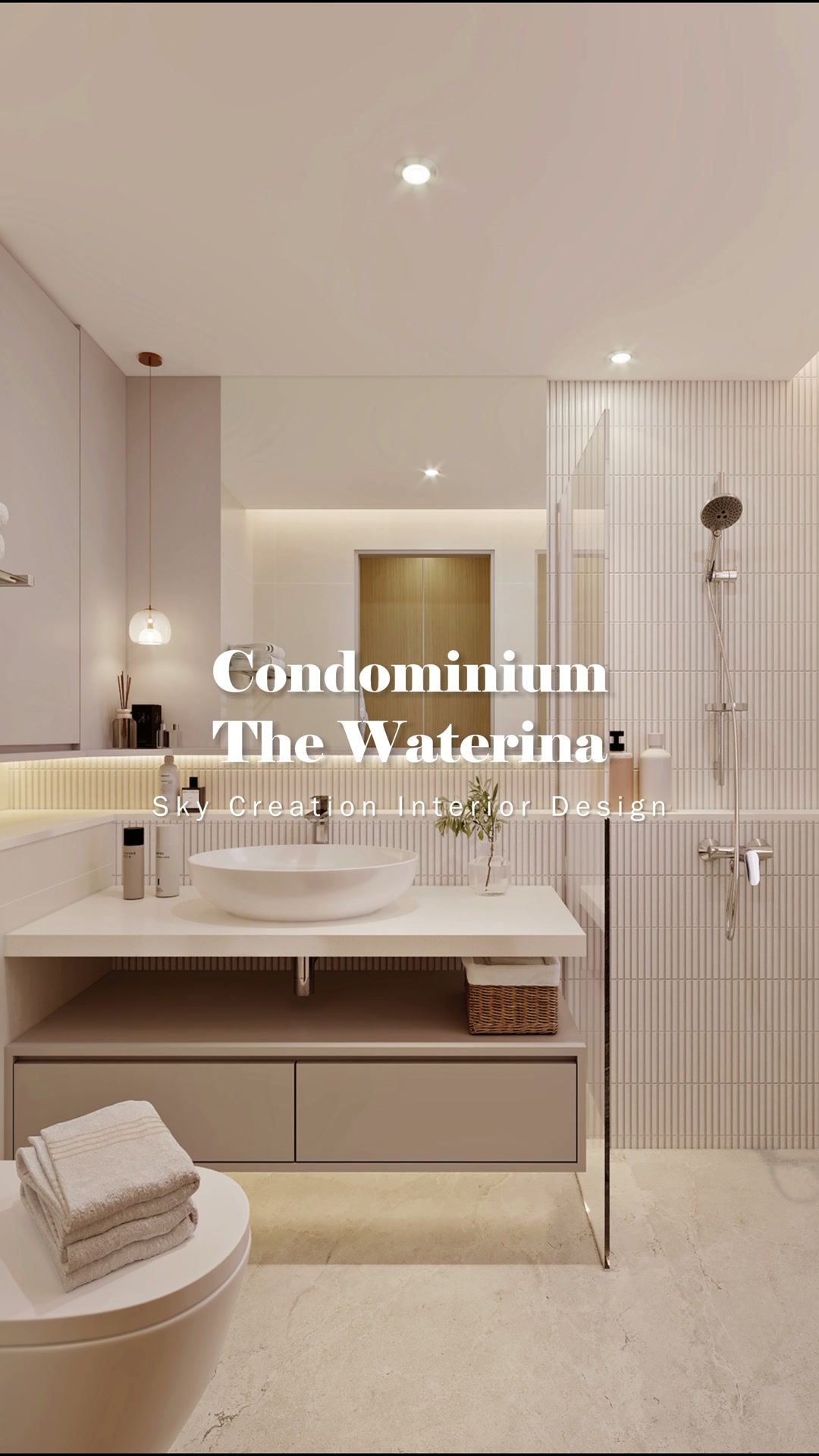 The Waterina bathroom with a vessel basin, broad mirror and pale stone surfaces