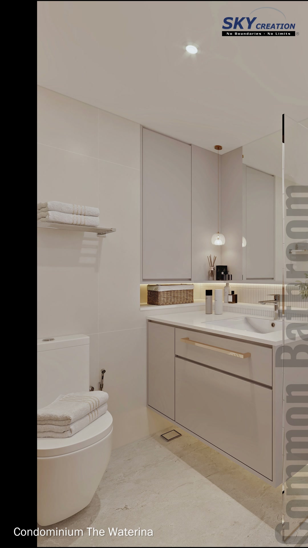 The Waterina vanity with timber-fronted drawers and warm concealed lighting
