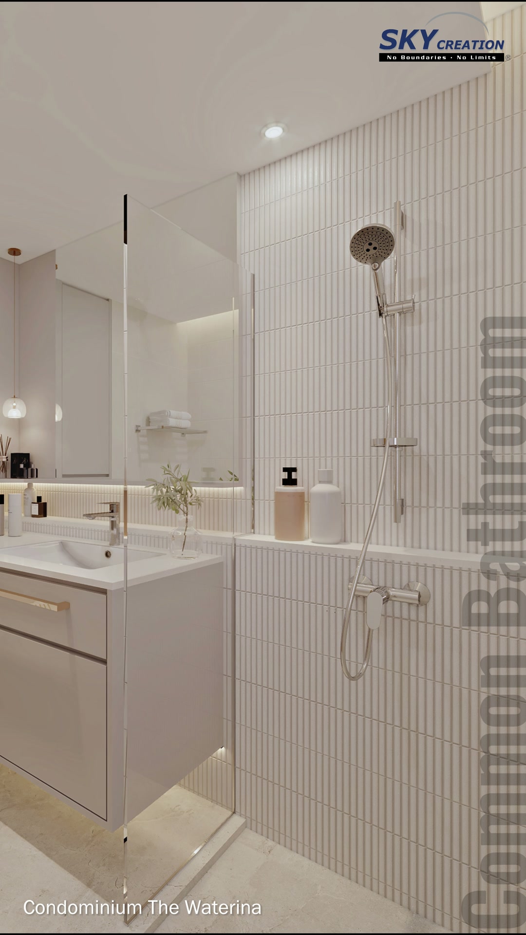 The Waterina bathroom mirror and integrated storage beside a clear glass partition
