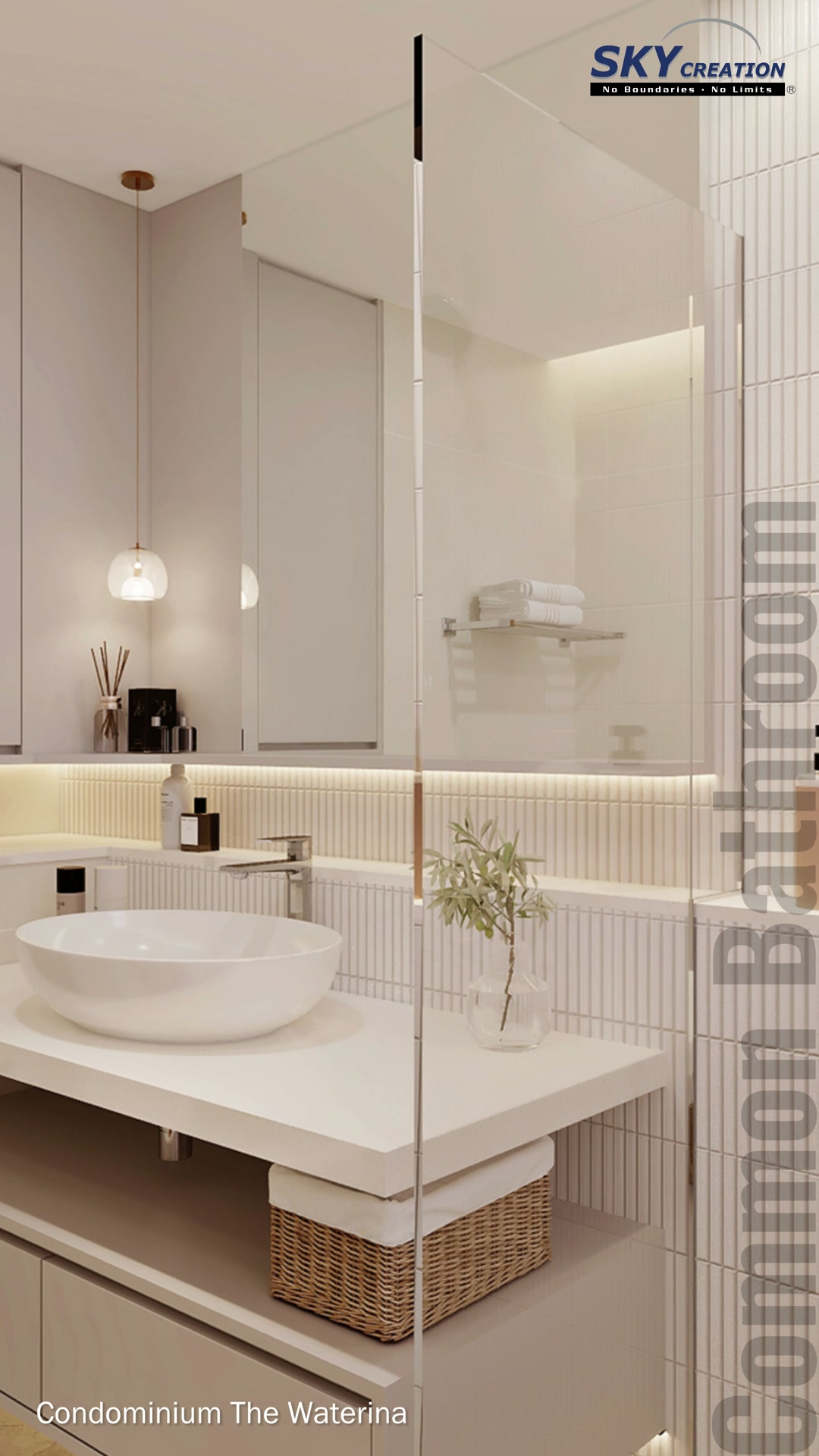 The Waterina vanity detail with fluted wall texture and coordinated fittings