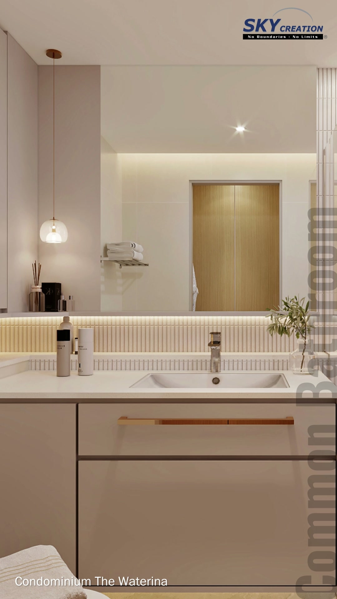 The Waterina glass-enclosed shower zone with pale finishes and recessed storage