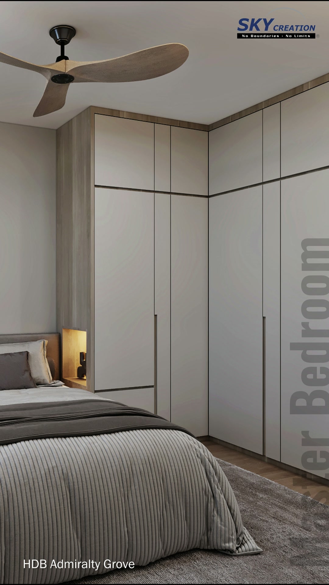 Admiralty Grove bedroom with a soft upholstered headboard and integrated wardrobe