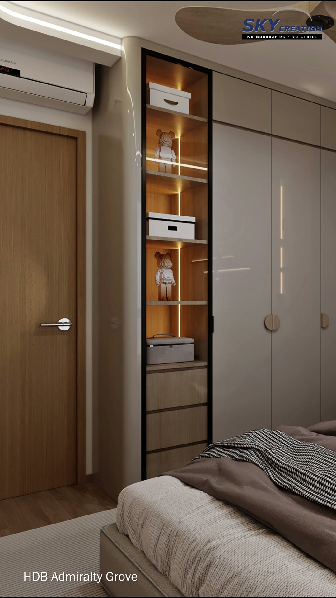 Admiralty Grove secondary bedroom with warm timber storage and a restrained neutral palette