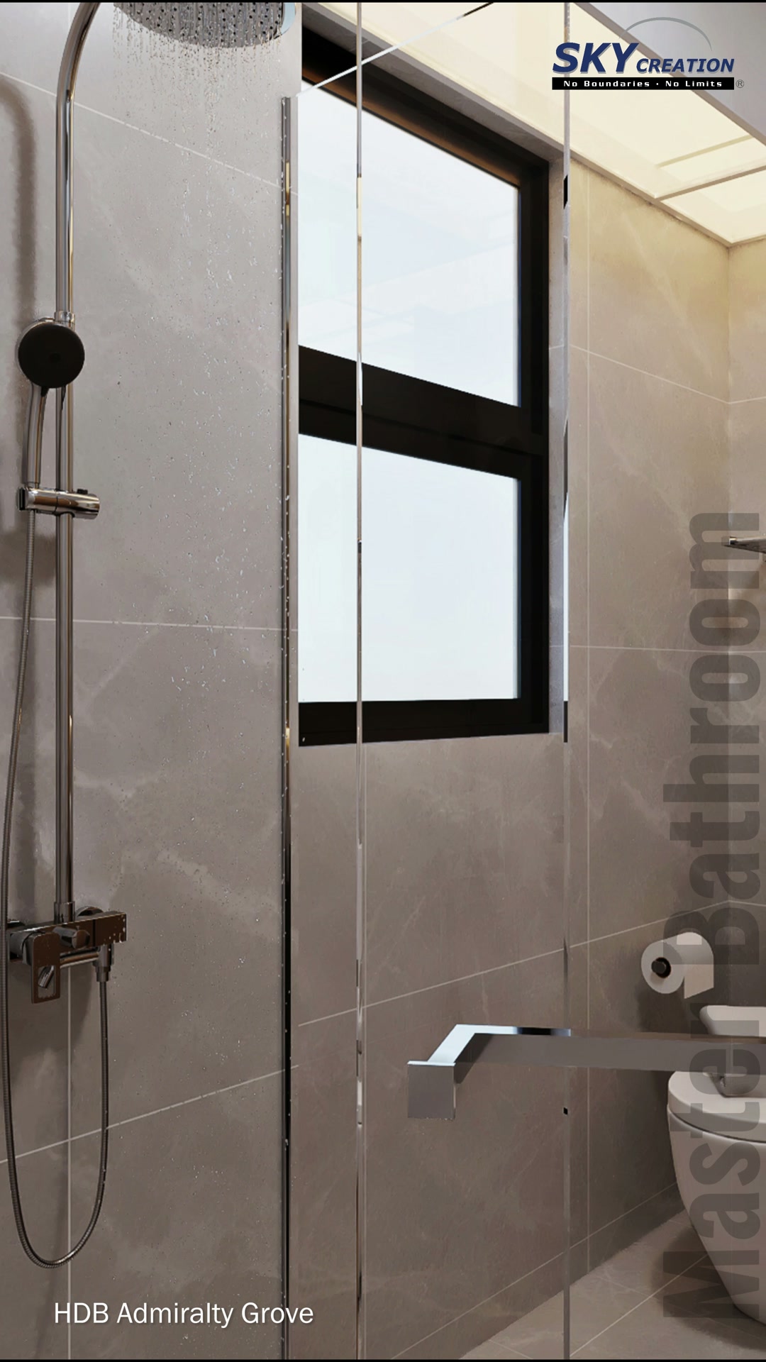 Admiralty Grove bathroom with pale wall finishes, a floating vanity and clear glass shower screen