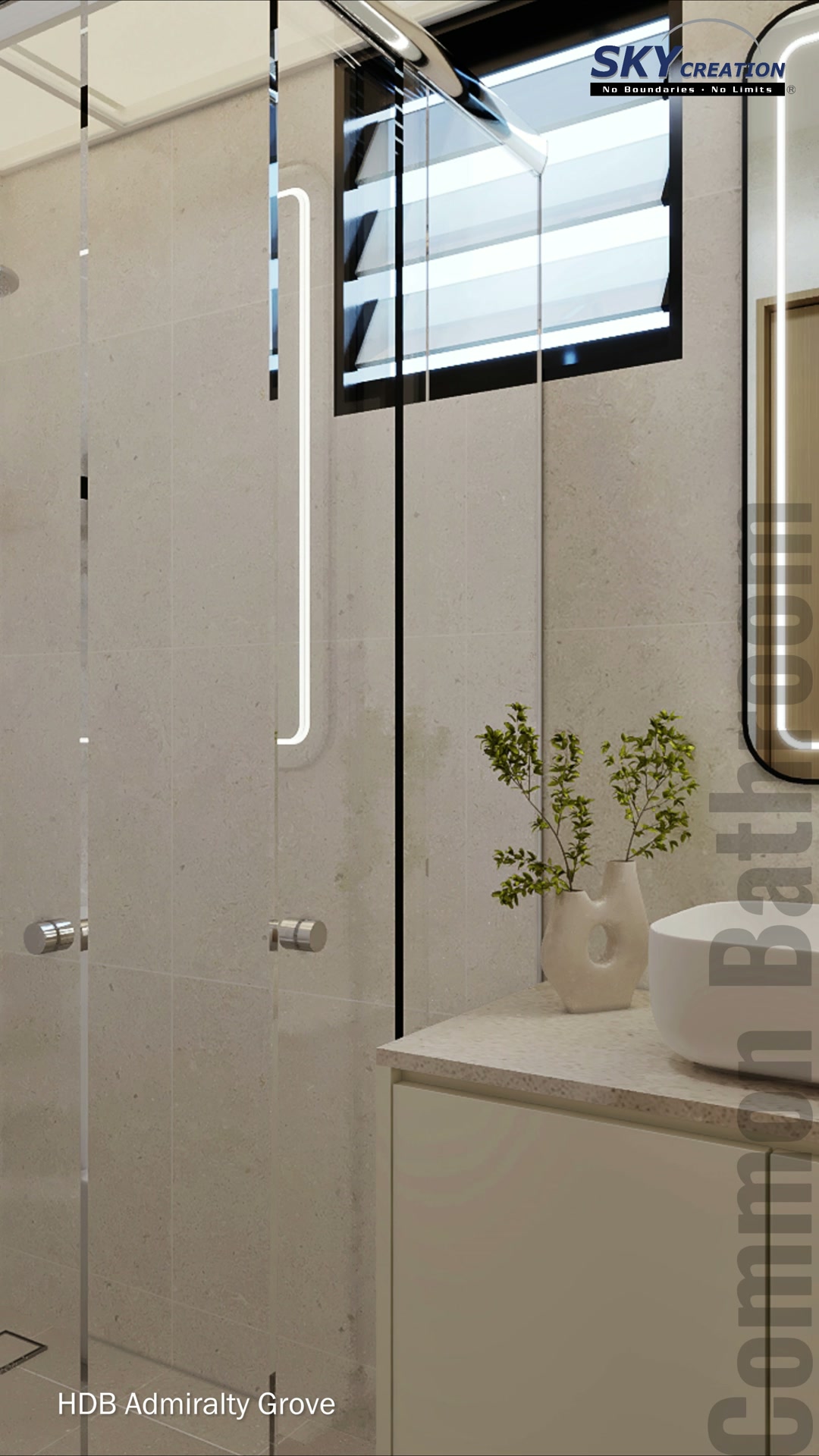 Admiralty Grove shower zone with clear glass panels and neatly coordinated fittings