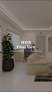 Original HDB Elias View 3D cover showing the bright neutral living room and integrated storage
