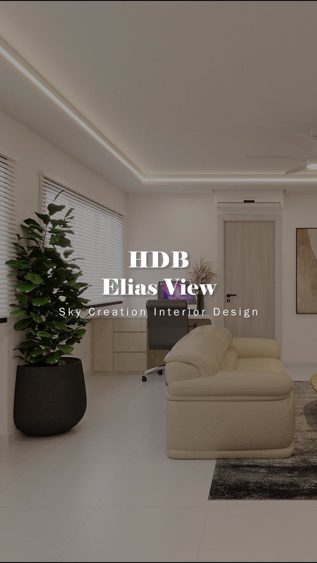 Original HDB Elias View 3D cover showing the bright neutral living room and integrated storage