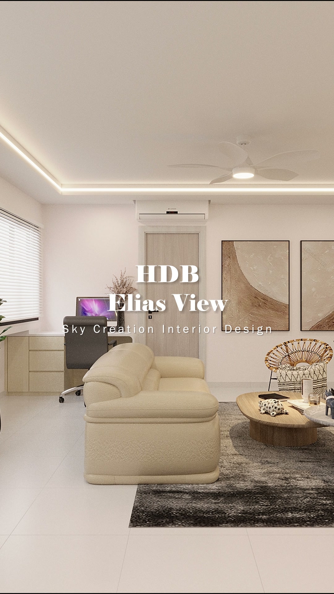 Elias View living room with pale seating, warm concealed lighting and integrated storage
