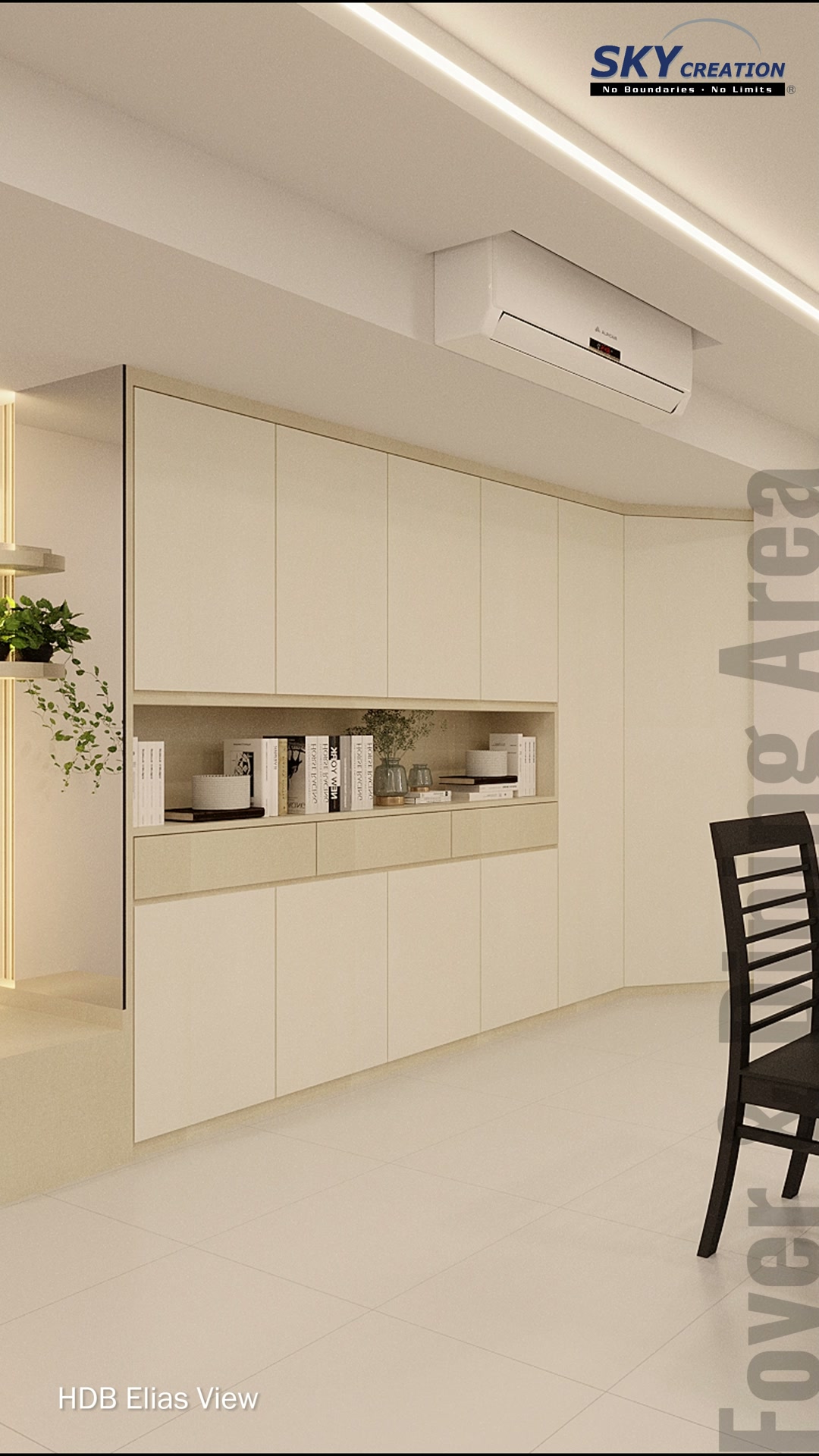 Elias View dining zone with full-height pale cabinetry and a compact dark dining set
