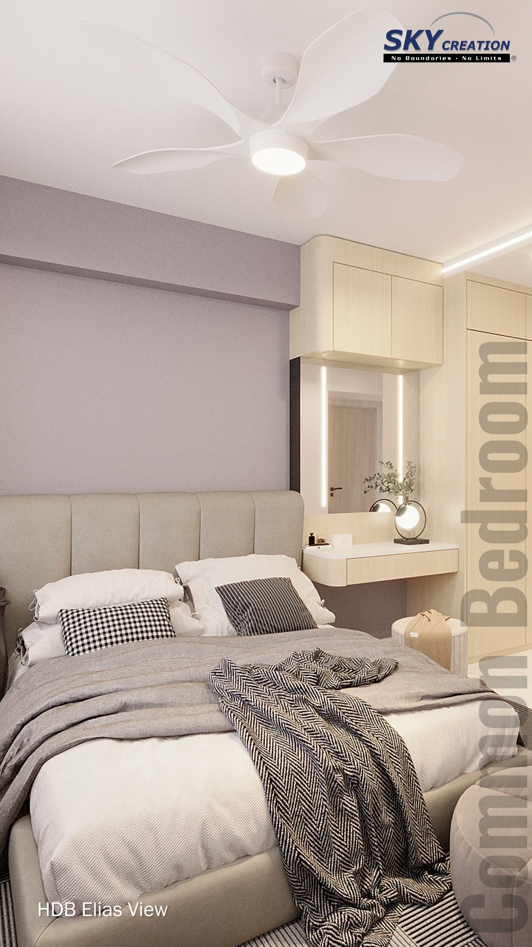 Elias View second bedroom with compact bedside storage and soft layered finishes