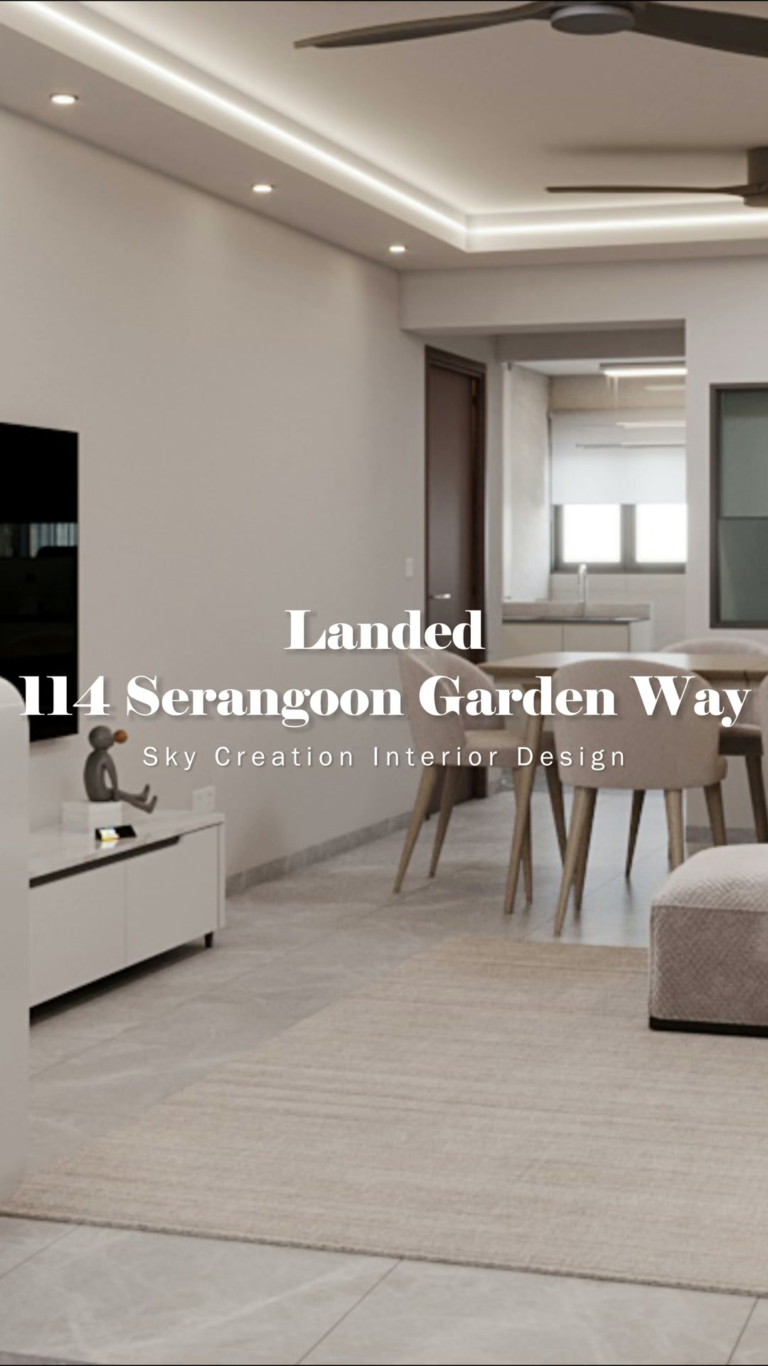 Serangoon Garden Way living and dining area with pale upholstery and layered ceiling lighting