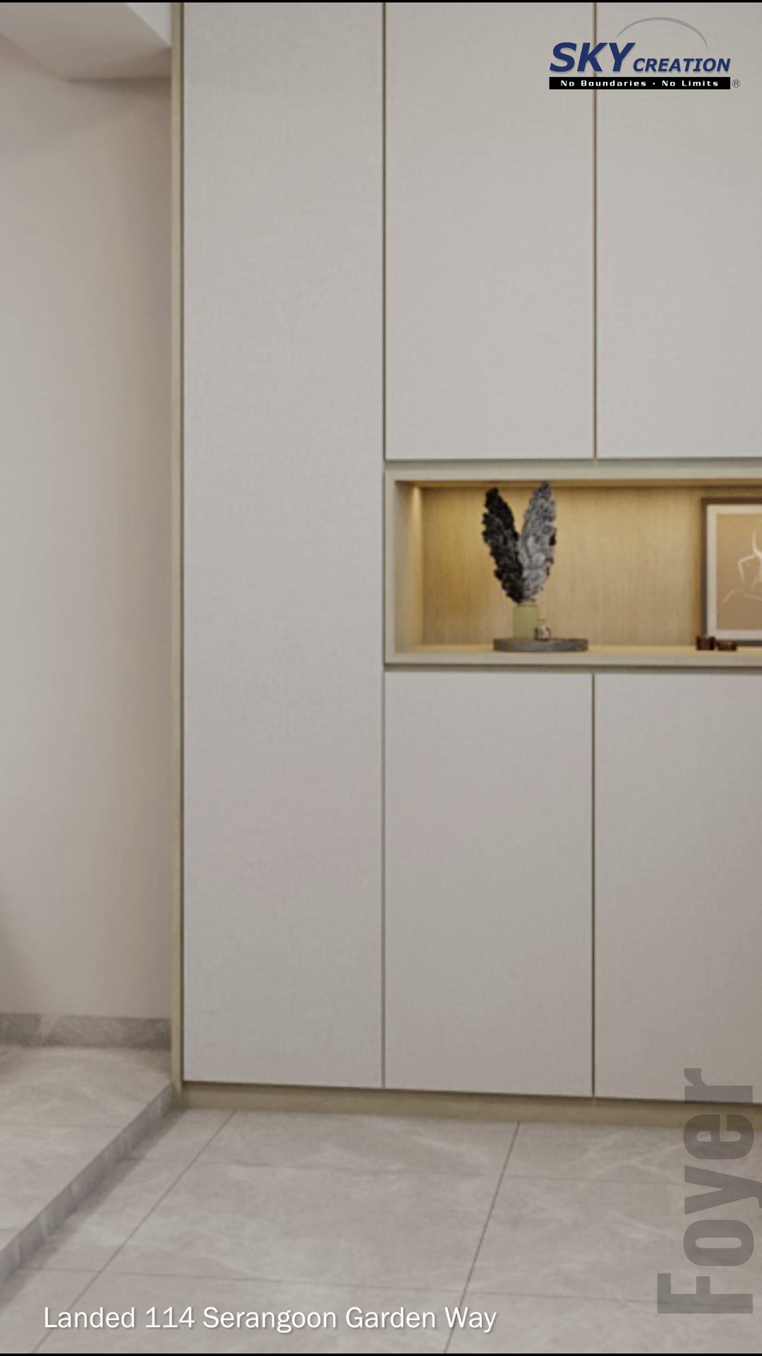 Serangoon Garden Way foyer with full-height pale storage and an illuminated display niche