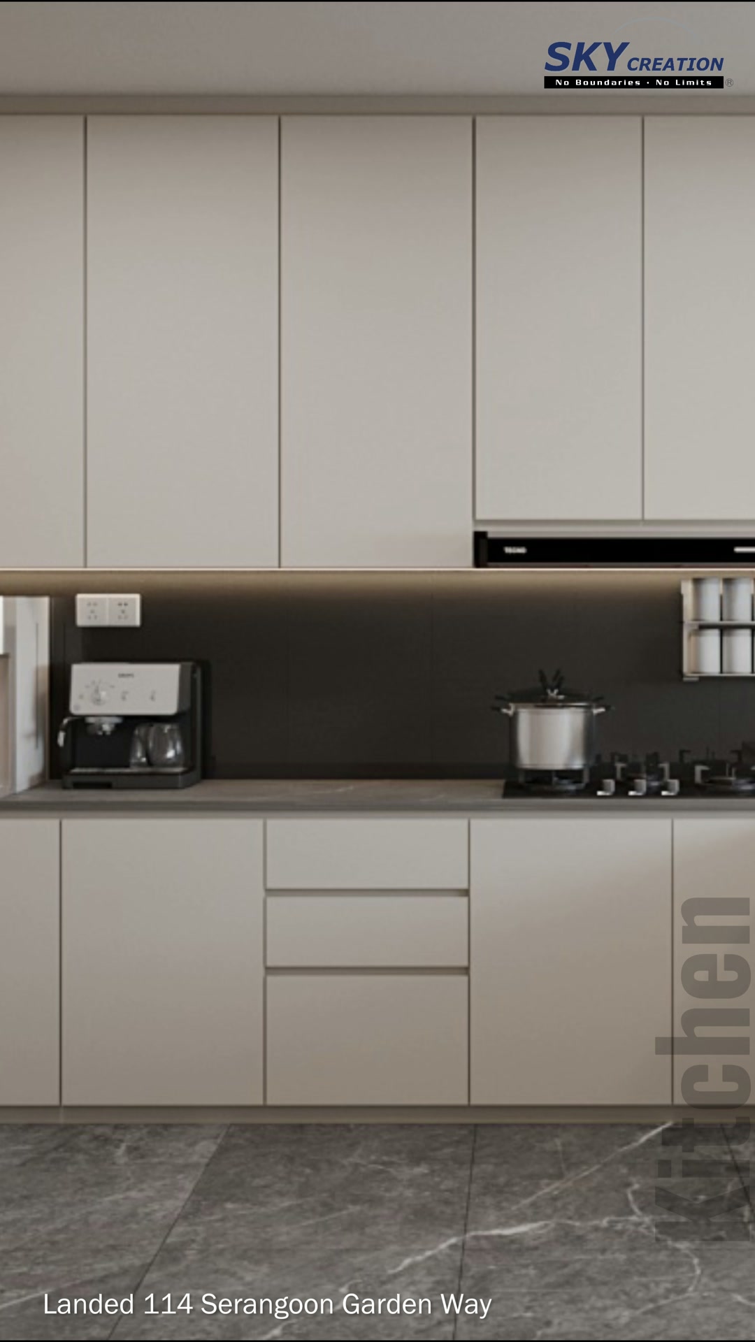 Serangoon Garden Way kitchen with a long worktop and aligned full-height cabinetry