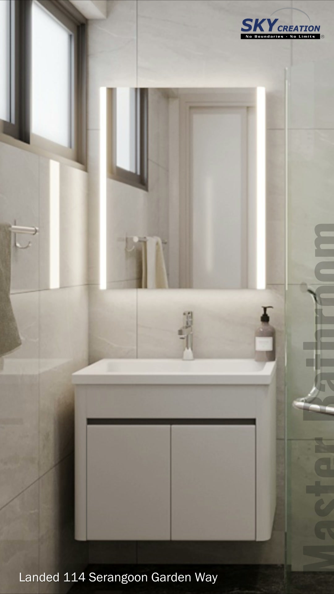 Serangoon Garden Way kitchen storage with pale fronts and a dark backsplash