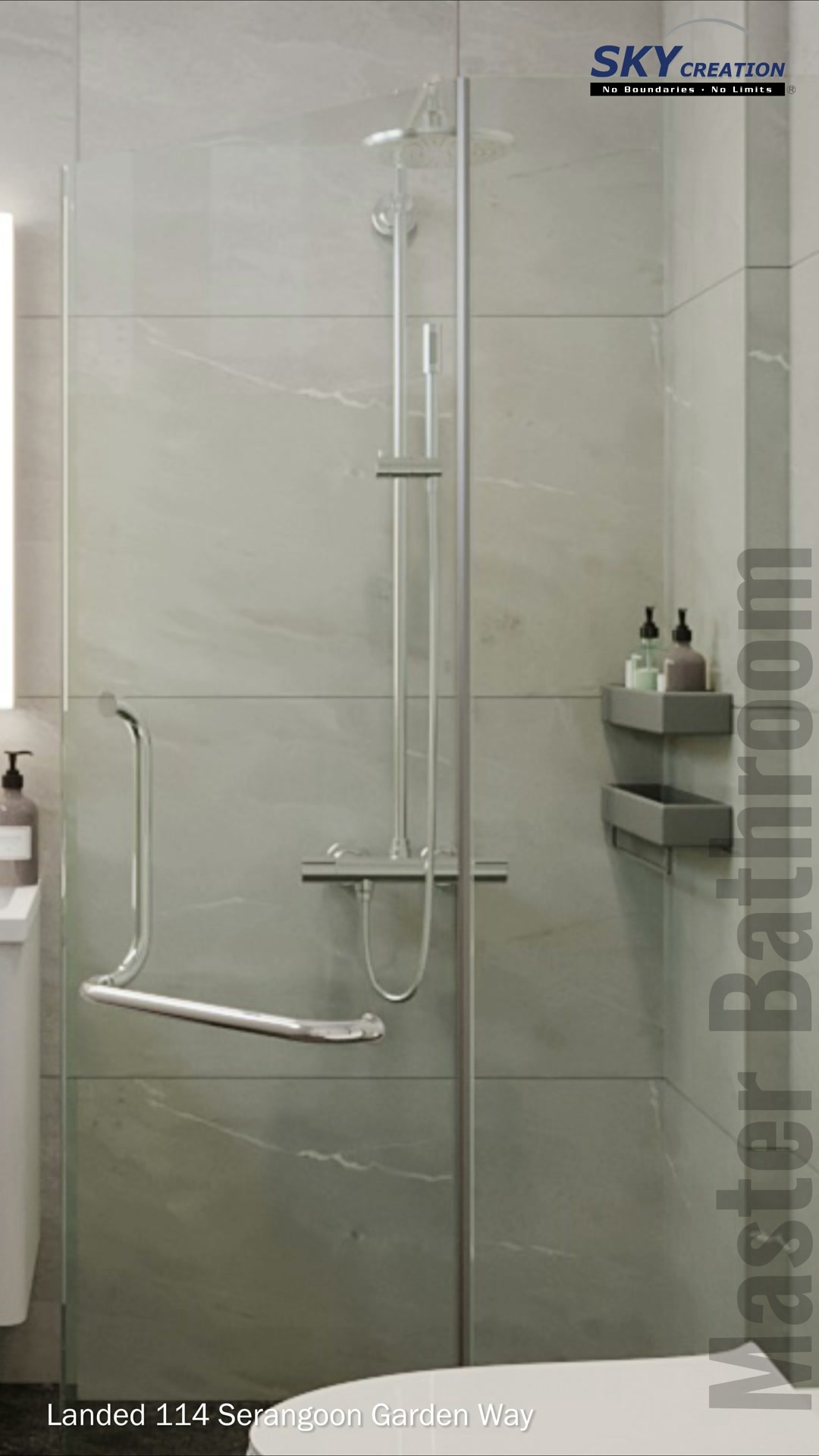 Serangoon Garden Way bathroom with a floating vanity, broad mirror and clear glass shower screen