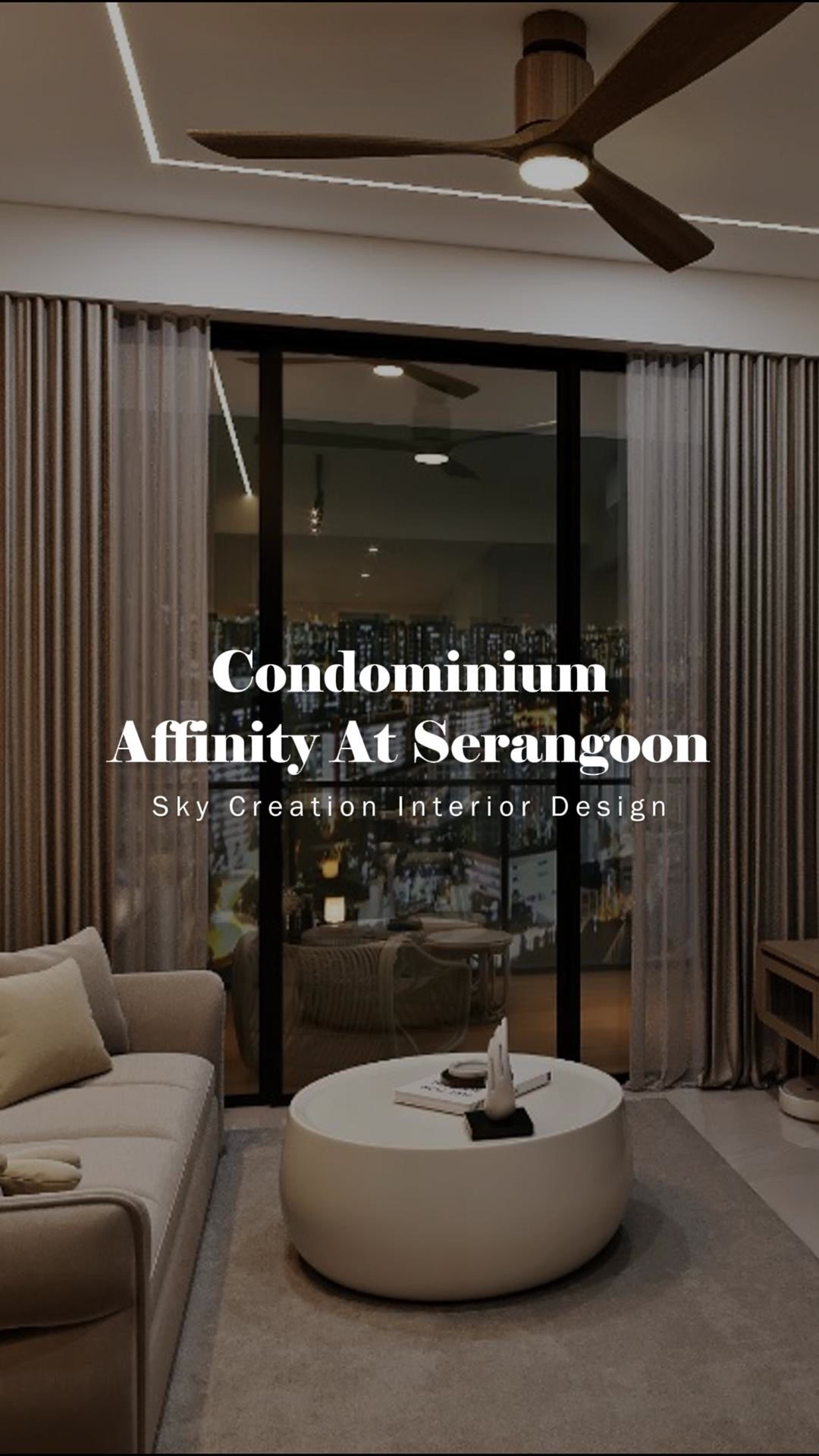 Original Affinity At Serangoon condominium 3D cover showing the warm dark-toned living room and balcony view
