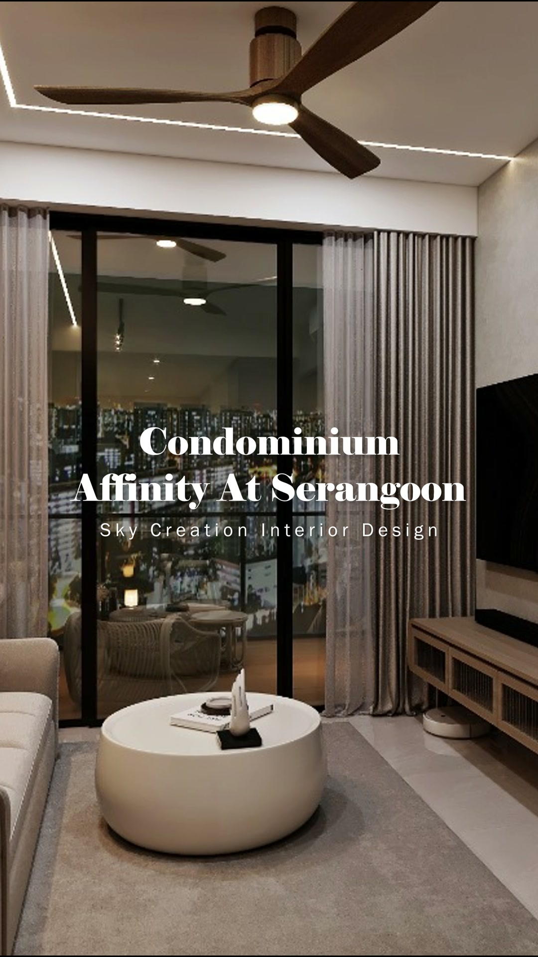 Affinity At Serangoon living room with warm timber, a rounded table and full-height curtains