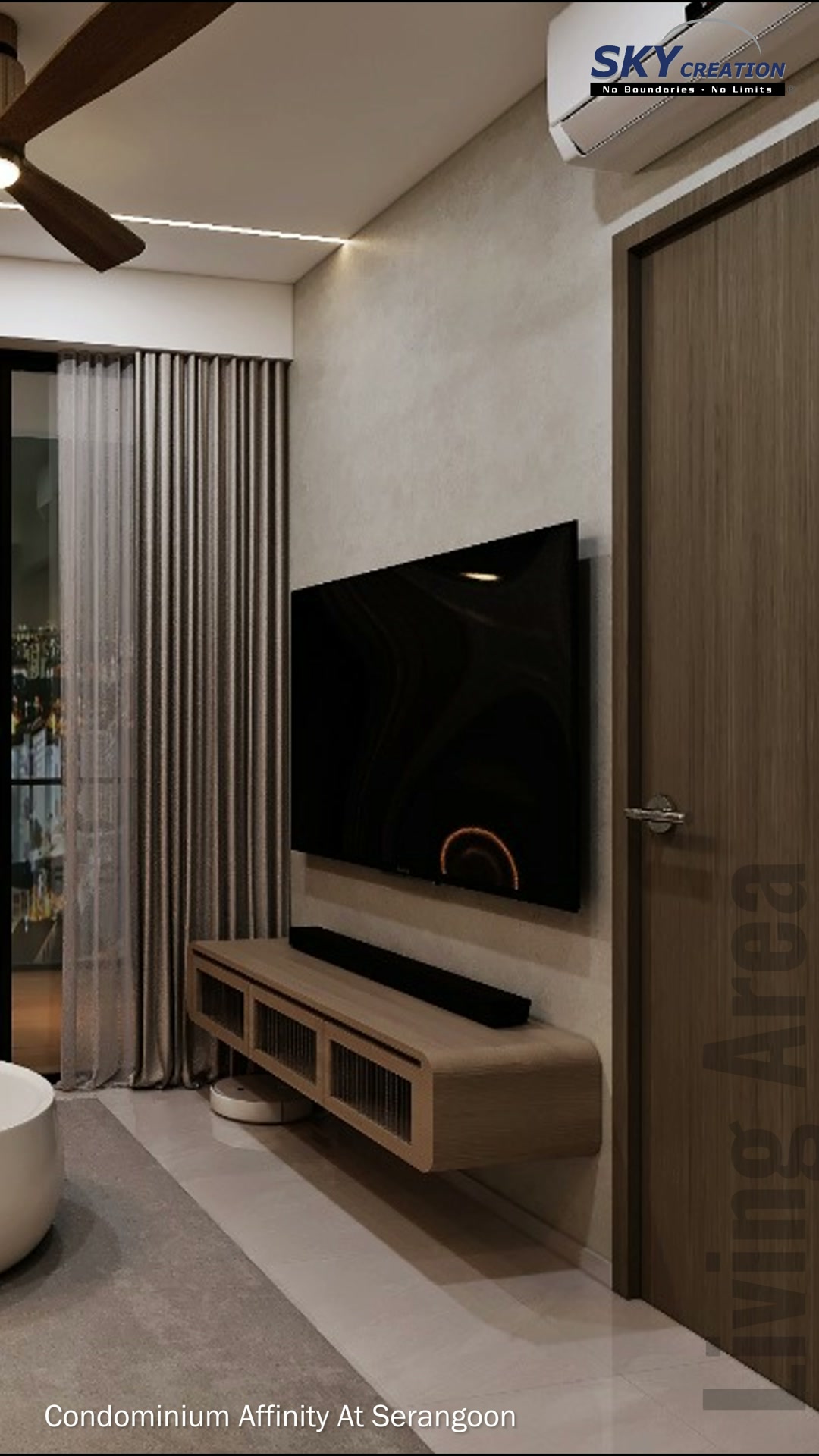 Affinity At Serangoon television wall with a low timber console and restrained lighting
