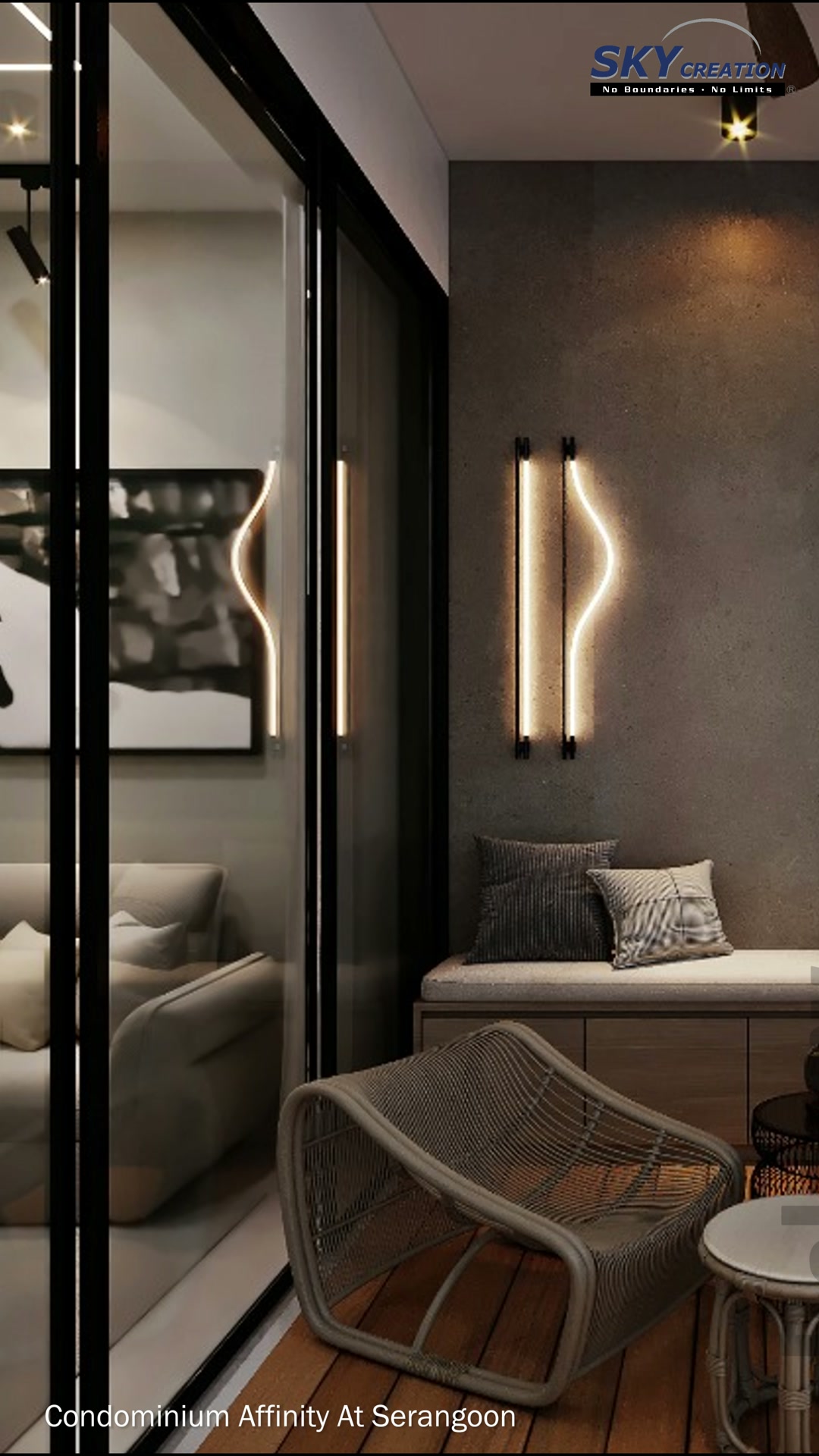 Affinity At Serangoon balcony seating with dark finishes and vertical feature lights