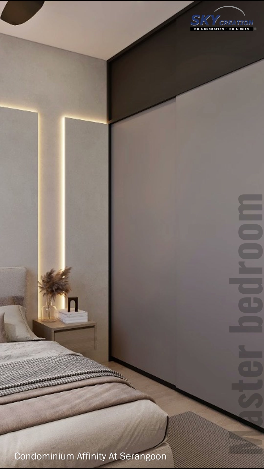 Affinity At Serangoon bedroom with an illuminated headboard wall and dark full-height storage
