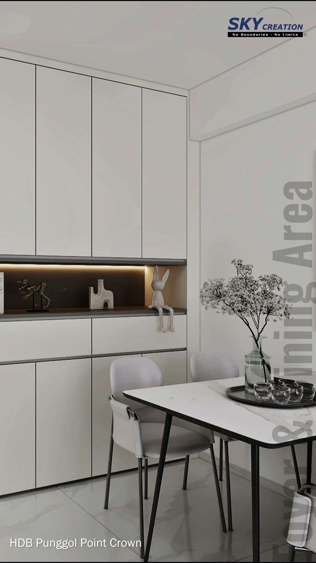 Punggol Point Crown rounded opening leading into the narrow white kitchen