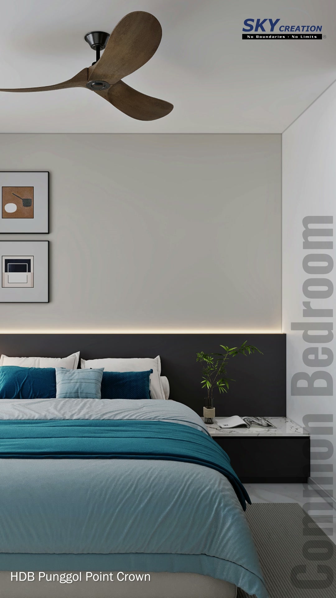 Punggol Point Crown bedroom with teal upholstery and a dark bedside feature