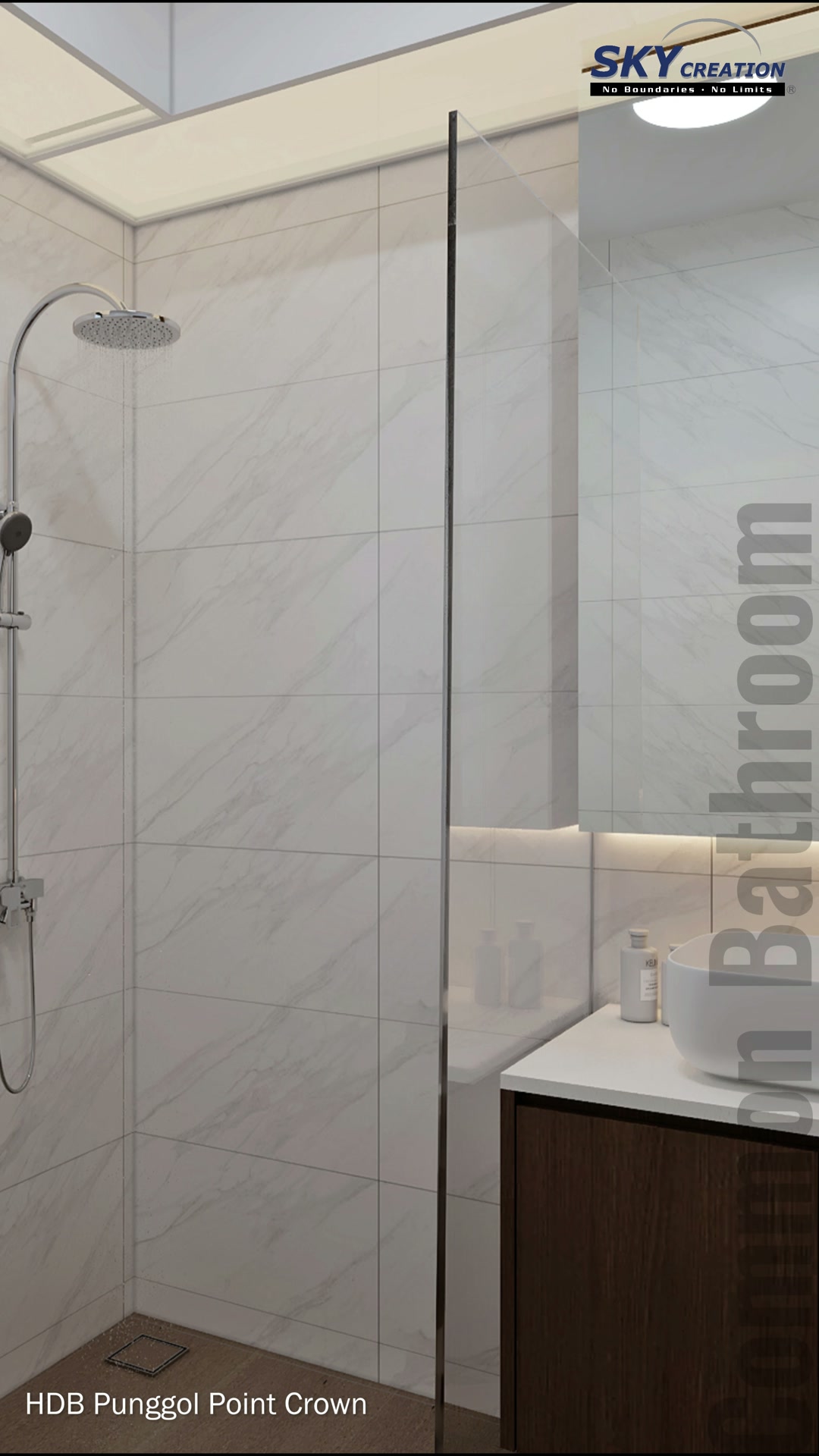 Punggol Point Crown bathroom with pale stone surfaces and a dark timber vanity