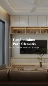 Original Parc Clematis condominium 3D cover showing the pale television wall and illuminated display shelf