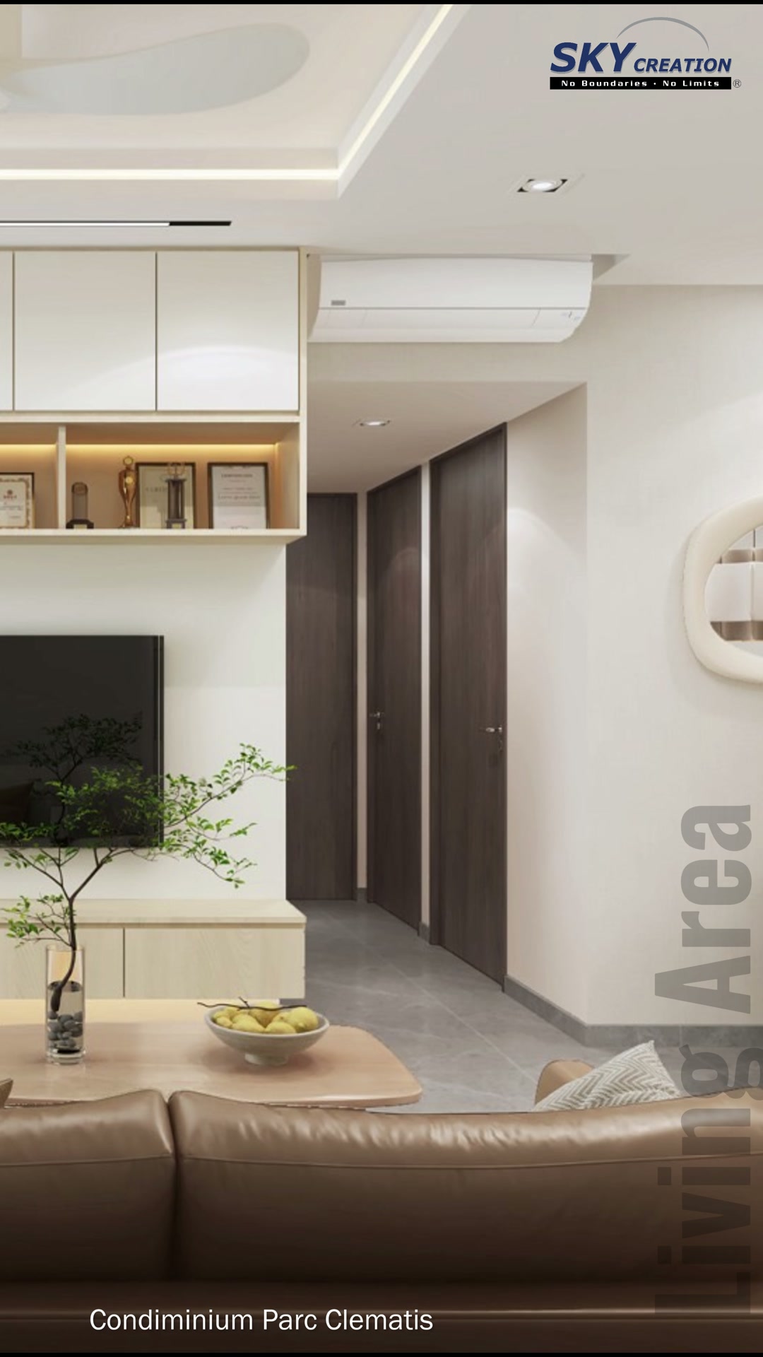 Parc Clematis centred television and low white console beneath illuminated shelving