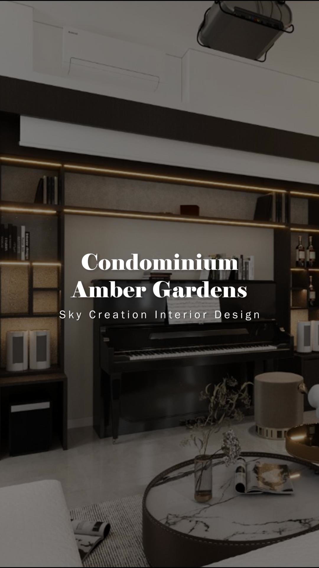 Original Amber Gardens condominium 3D cover showing the piano feature wall and dark illuminated cabinetry