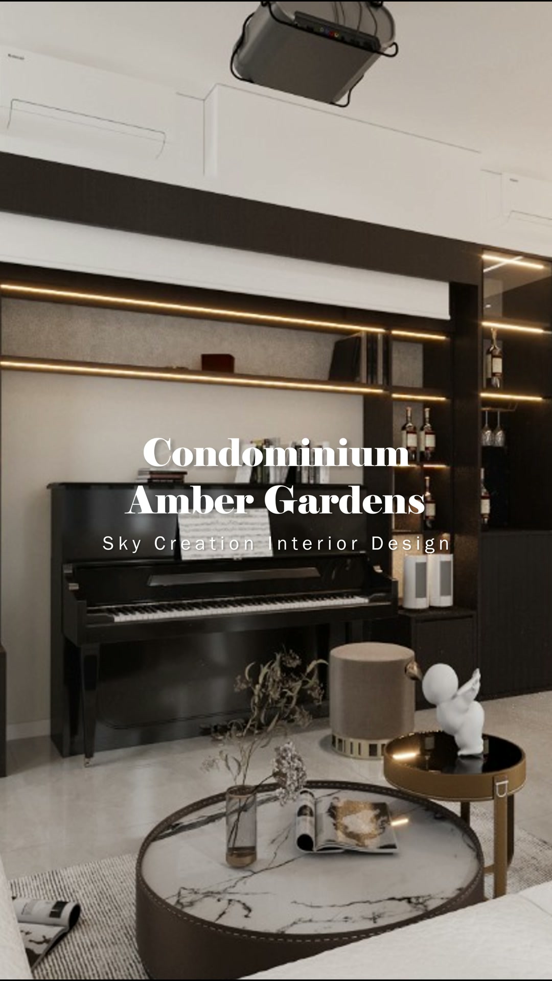 Amber Gardens living area with a piano set into dark illuminated display cabinetry