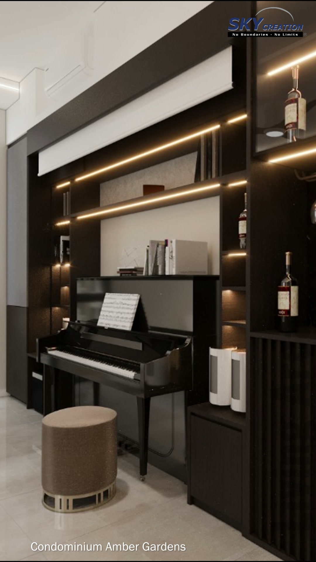 Amber Gardens piano wall with warm shelving and a pale stone coffee table