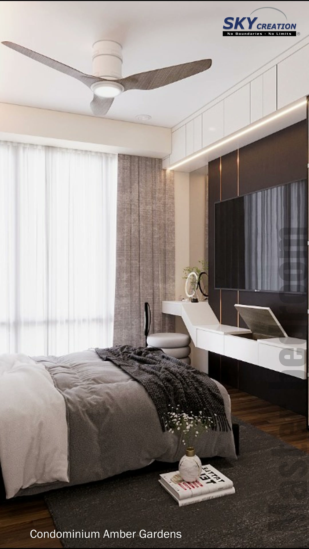 Amber Gardens master bedroom with a dark-framed divider and illuminated display shelves