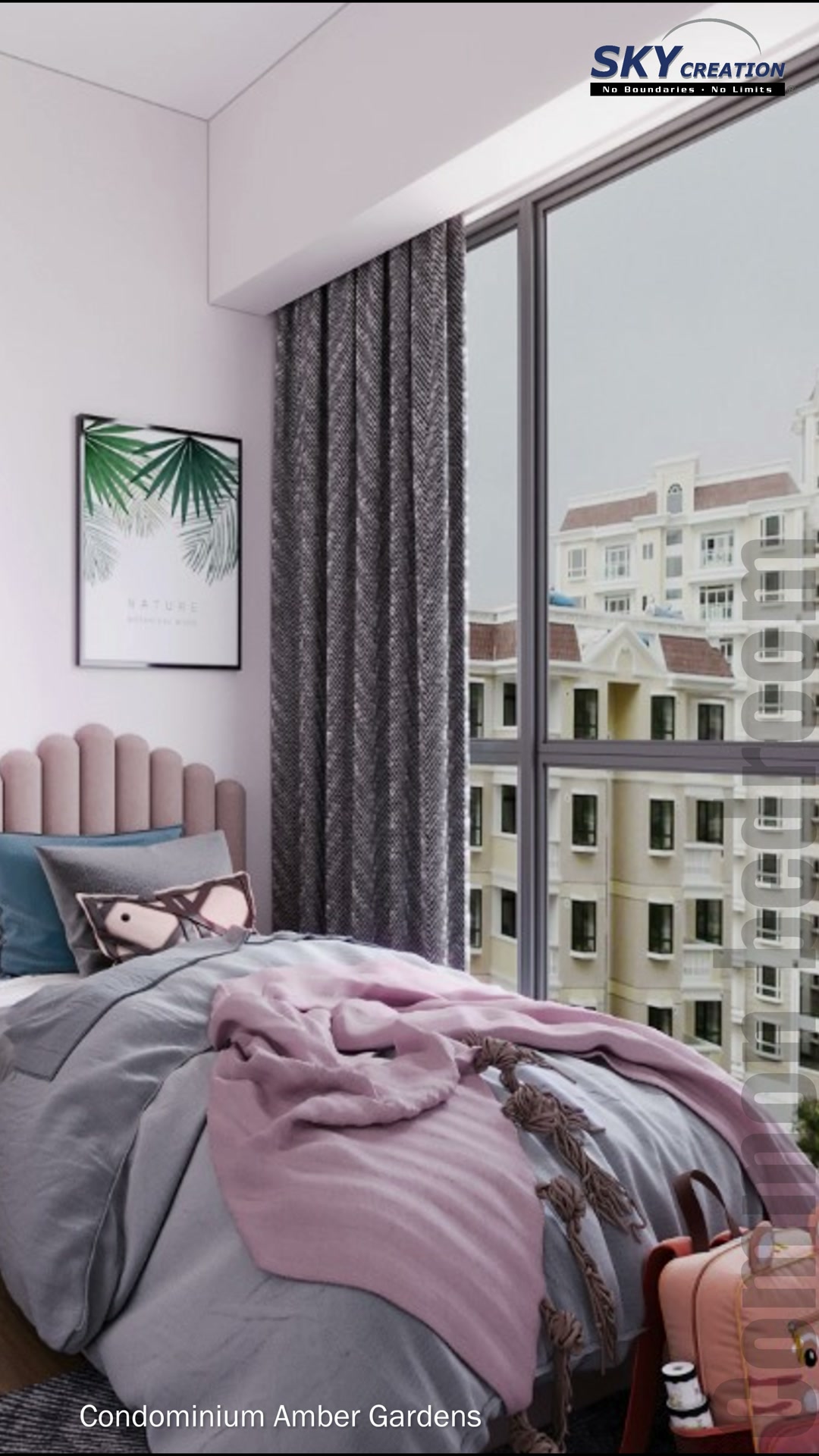 Amber Gardens pink-accent bedroom beside a full-height window