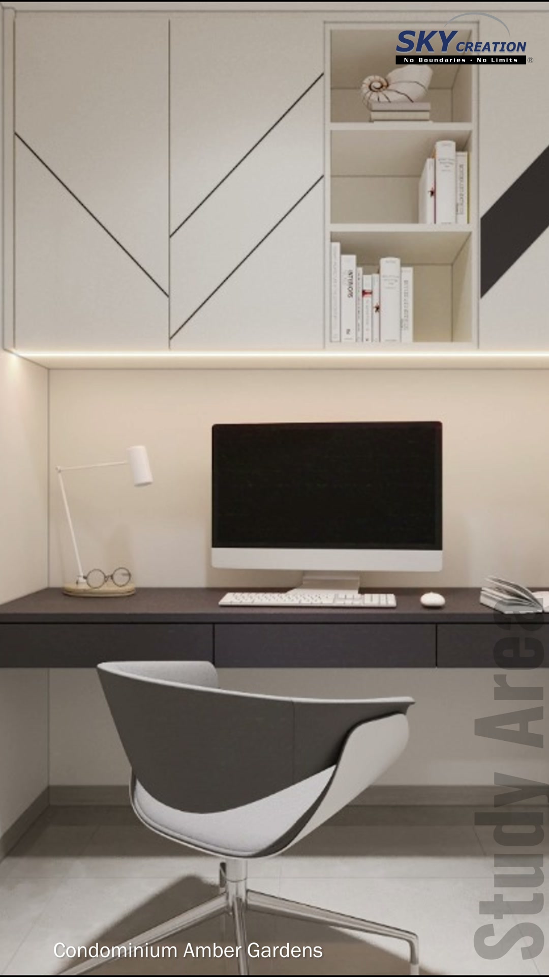 Amber Gardens study with a long desk and pale overhead cabinetry