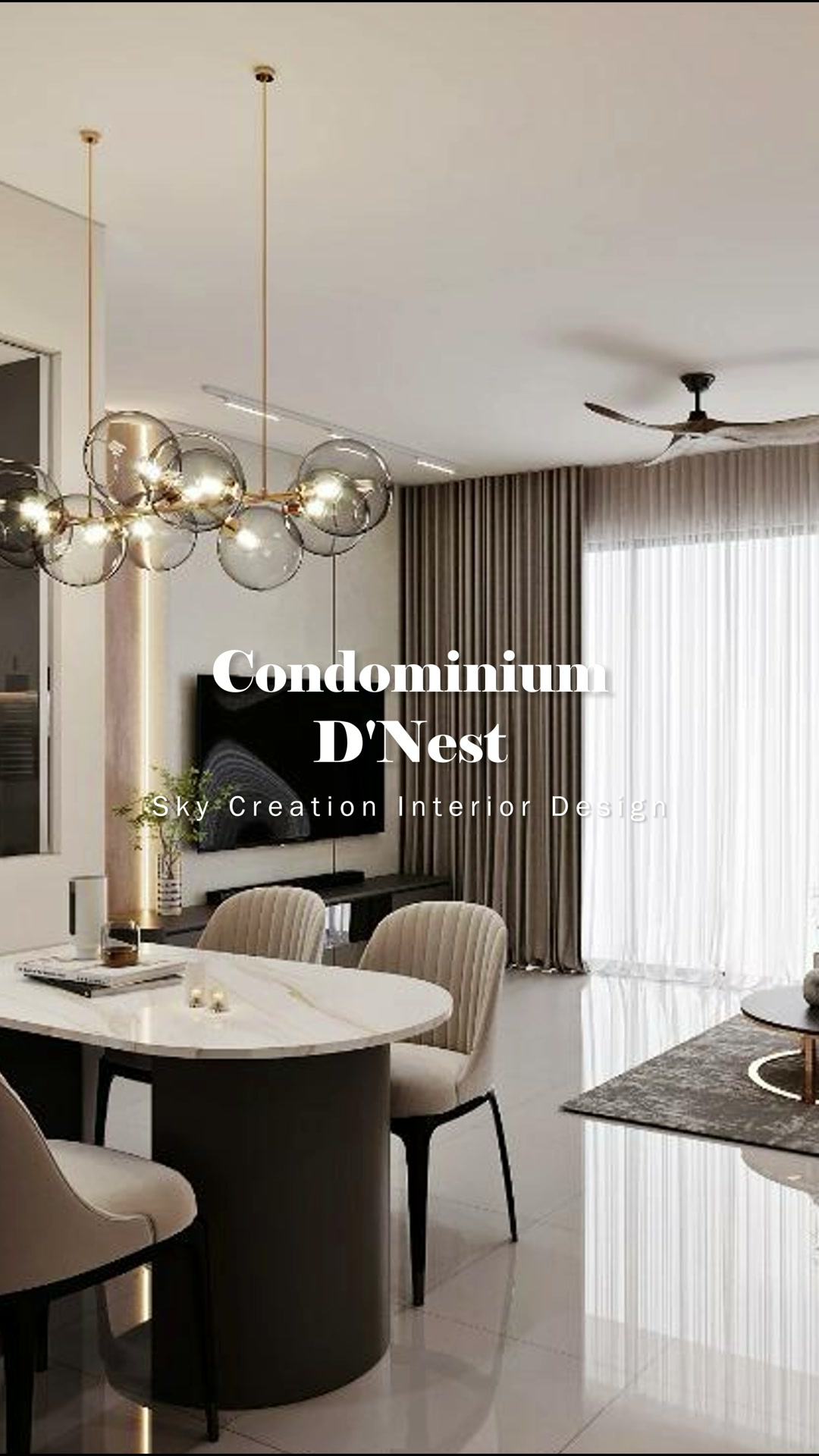 D'Nest dining area with a compact table and sculptural pendant lighting