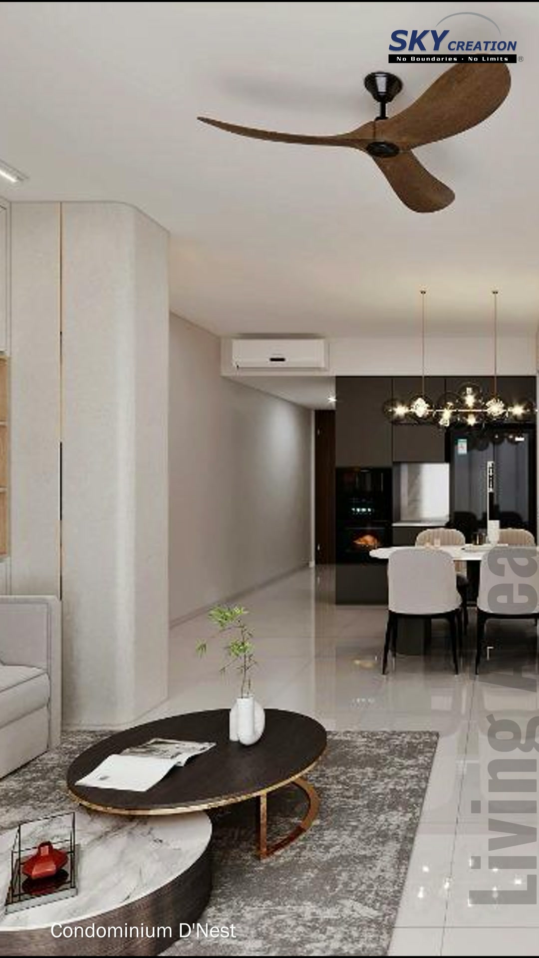 D'Nest living room with a curved illuminated feature wall