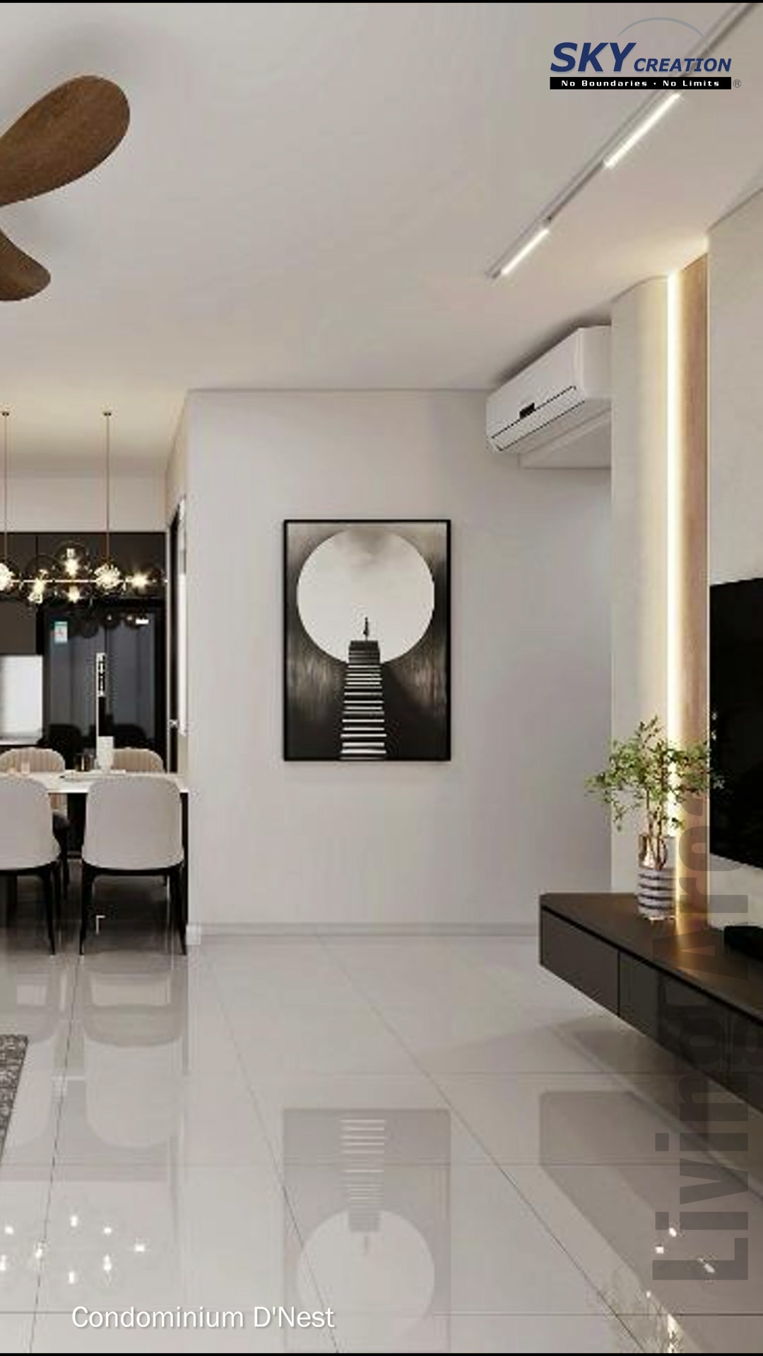 D'Nest open living and dining area with dark accents and bright curtains