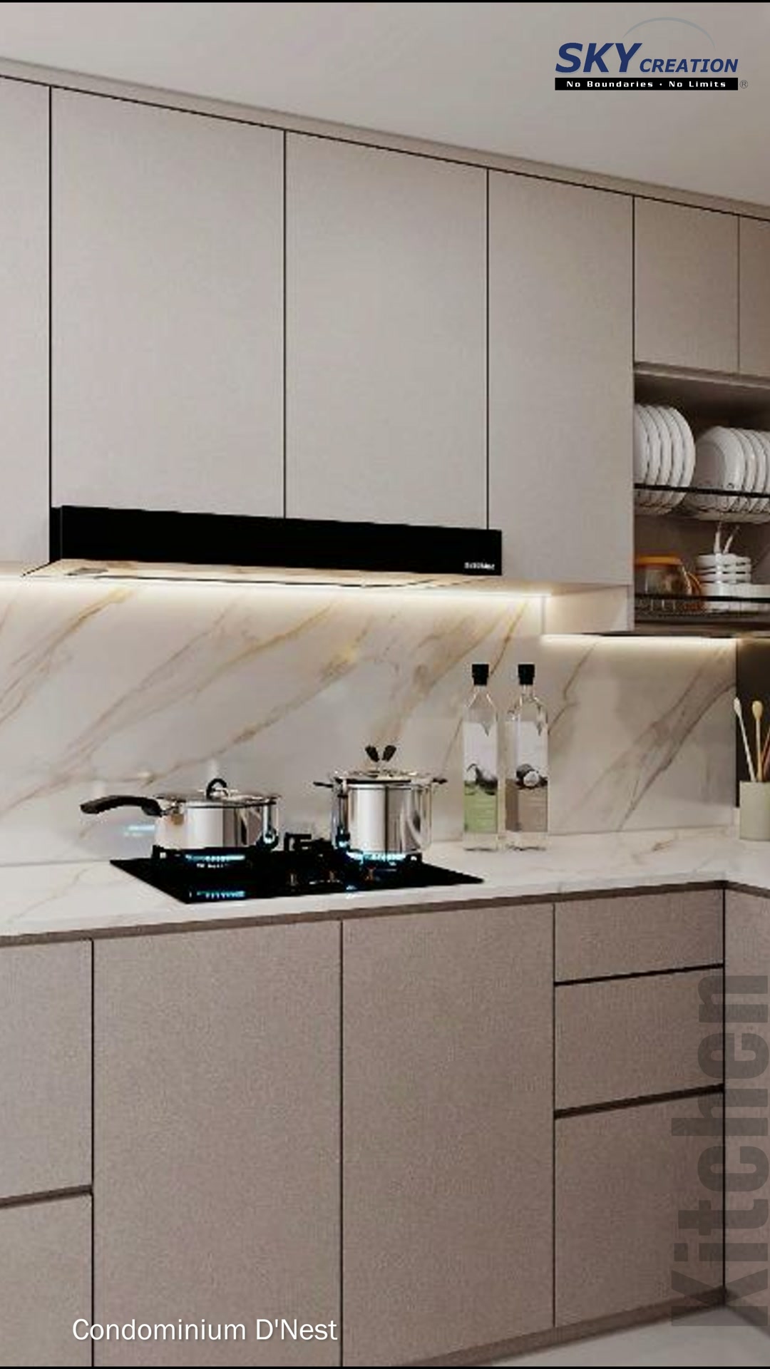 D'Nest galley kitchen with pale cabinetry and a marble-look backsplash