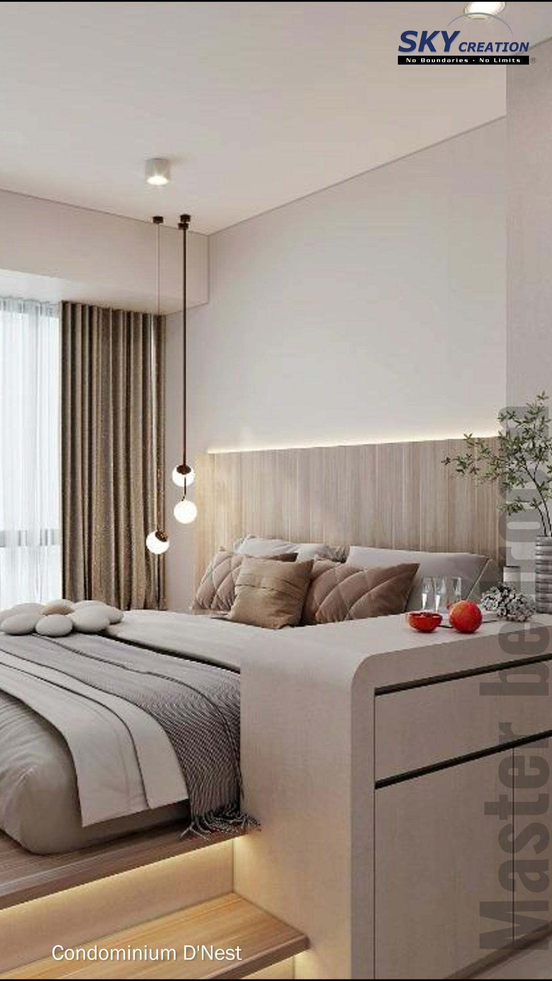 D'Nest bedroom with a softly illuminated headboard and integrated storage