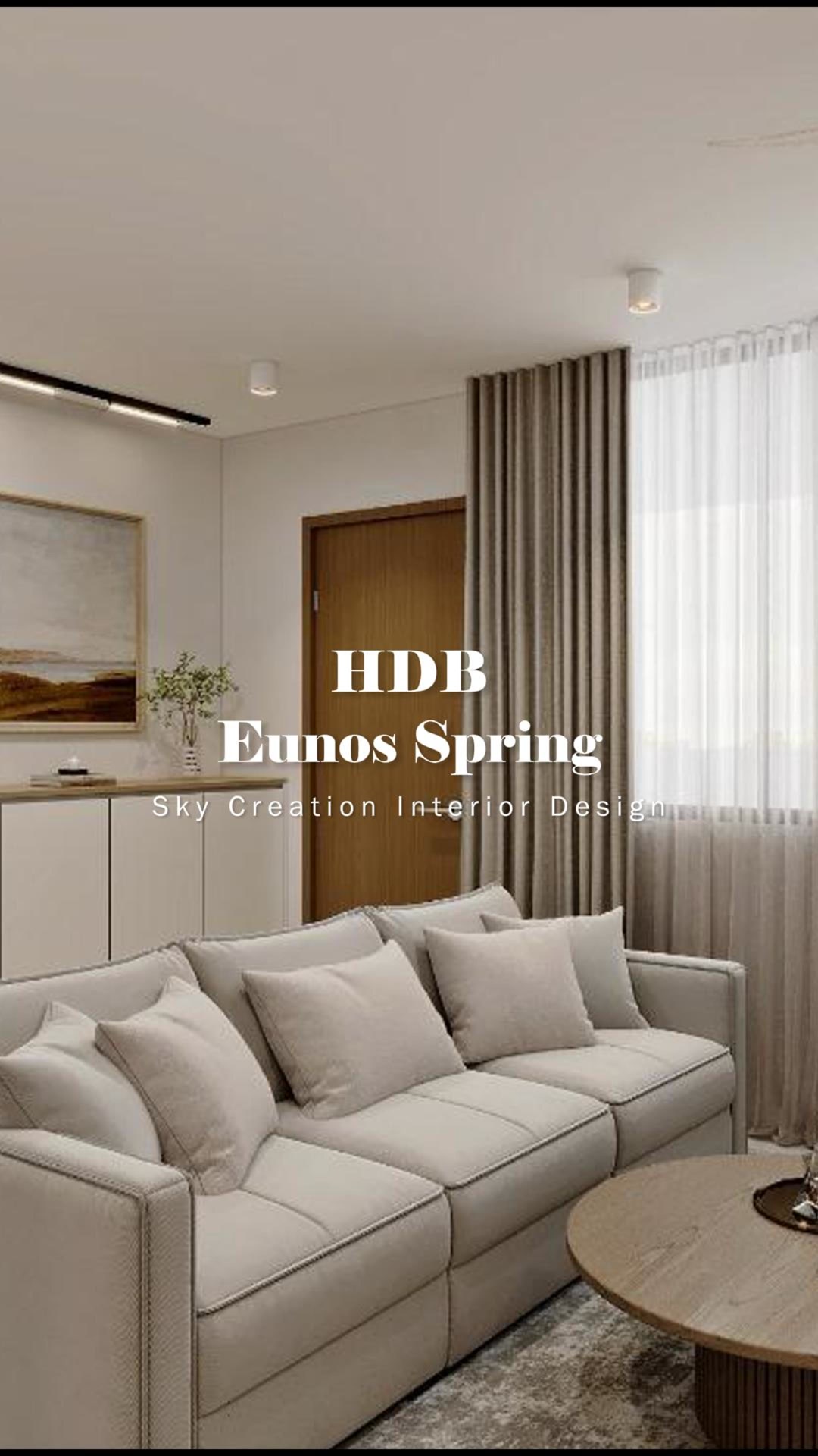 Original Eunos Spring HDB 3D cover showing the bright living room and soft neutral seating