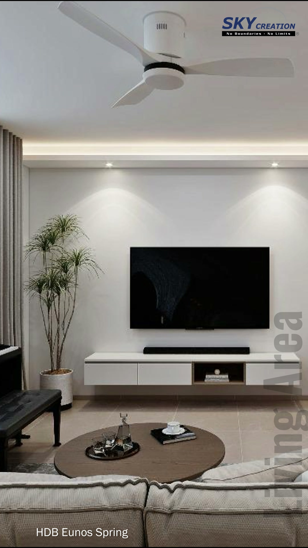 Eunos Spring television wall with restrained lighting and uncluttered storage
