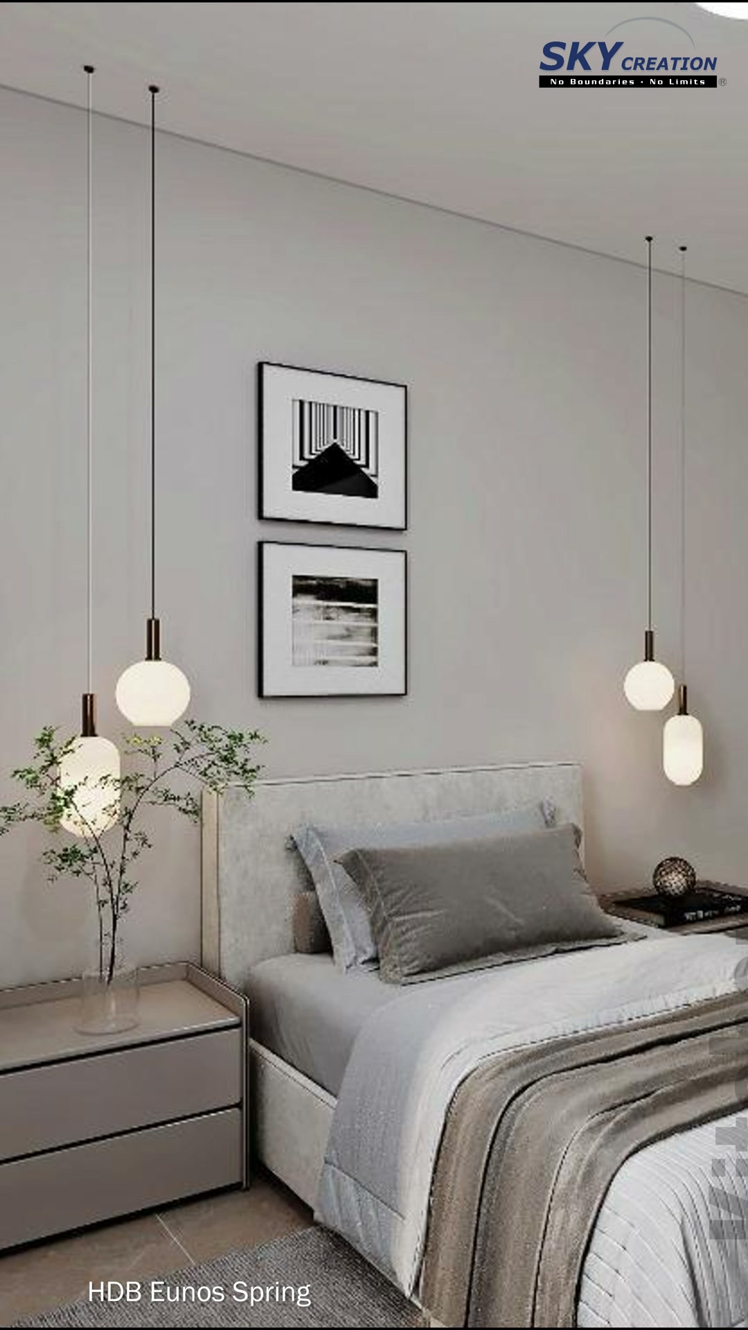 Eunos Spring bedroom with neutral upholstery and fitted wardrobe storage